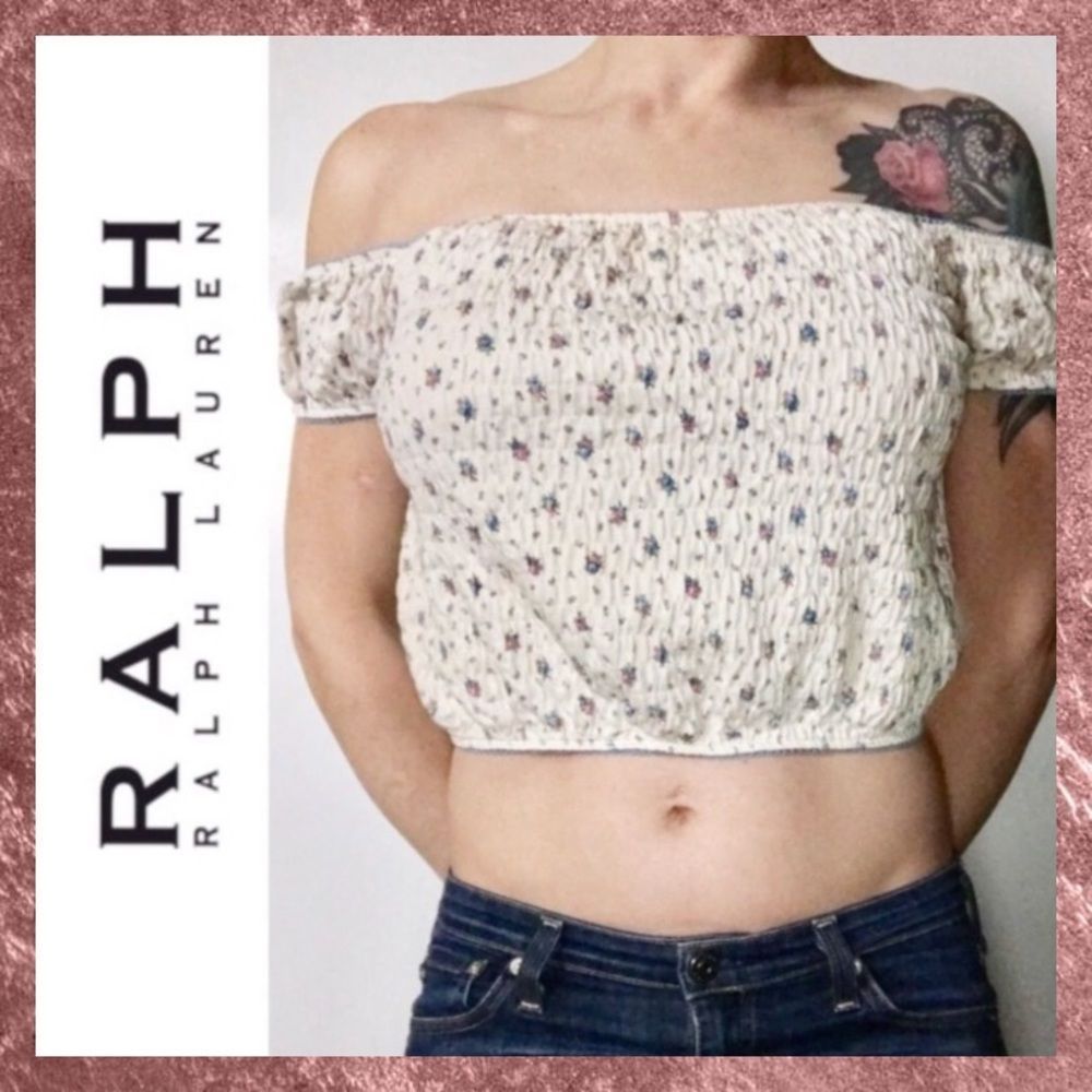 Ralph Lauren Cream Floral Smocked Crop Top Large L